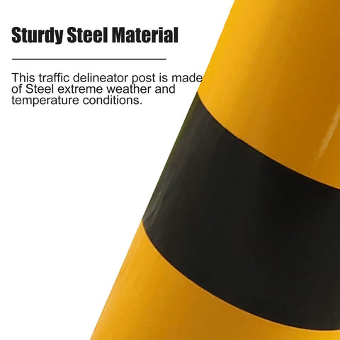 Heavy Duty Traffic Safety Bollards Constructed Tough With Vivid Reflective Tape For Driveway Barriers And City Streets Premium Steel Warning Stakes Secure Mounting Set close-up of sturdy steel material with black and yellow colors.