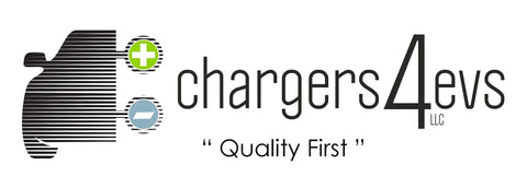 Chargers4evs logo featuring a stylized electric vehicle silhouette with charging symbols, quality first tagline.
