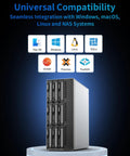 Nine Bay External Hard Drive Enclosure showcasing universal compatibility logos for Windows, macOS, Linux, and NAS systems.