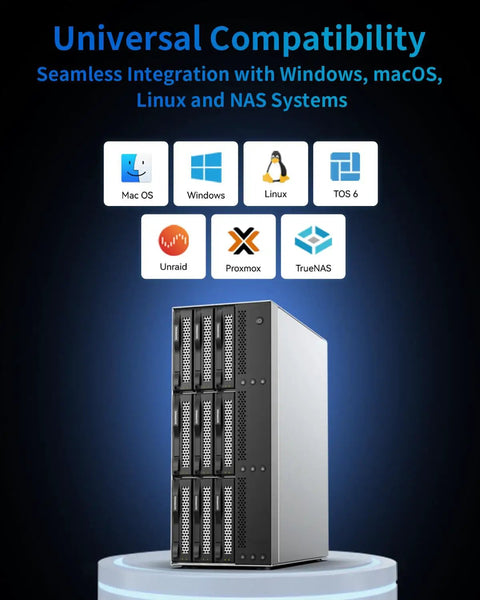 Nine Bay External Hard Drive Enclosure showcasing universal compatibility logos for Windows, macOS, Linux, and NAS systems.