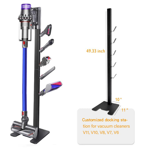 Floor Standing Docking Station For V15 Detect And V11 Series Cordless Vacuum Cleaners, Five Hook Metal Bracket Organizer Rack In Brushed Black for Easy Storage with vacuum and attachments displayed on stand.
