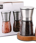 Salt And Pepper Grinder Set With Wooden Standing Tray Refillable Pepper Mill Set In Brushed Stainless Steel Short Glass Shakers