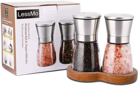 Salt And Pepper Grinder Set With Wooden Standing Tray Refillable Pepper Mill Set In Brushed Stainless Steel Short Glass Shakers