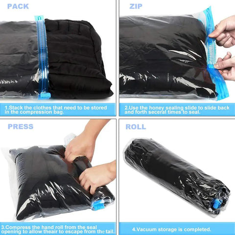 Steps to use the 12 Pack Space Saver Vacuum Compression Bags For Travel No Pump Required Transparent PA And PE Material Includes 6 Medium 20x16 Inches And 6 Large 24x16 Inches For Clothes Gear And Home Packing.