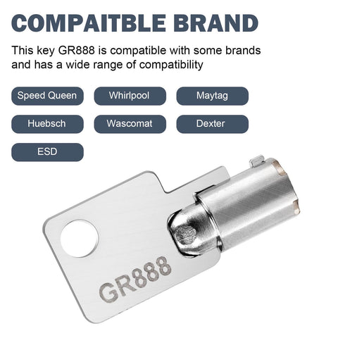 GR888 2 Pack Coin Laundry Machine Keys For Greenwald Money Box Lock Replacement 8 20 888 Compatible With Speed Queen Whirlpool Maytag Huebsch Wascomat Dexter ESD And Other Brand Washer Coin Boxes Durable Lock Key Set displayed with compatible brands text