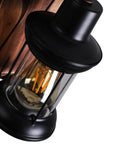 Close-up of Industrial Vintage Wooden Hanging Pendant Light with 4 Bulbs Dope Retro Loft Lantern Chandelier, black finish