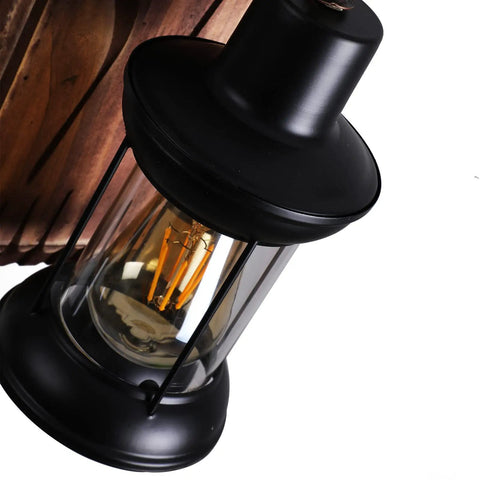 Close-up of Industrial Vintage Wooden Hanging Pendant Light with 4 Bulbs Dope Retro Loft Lantern Chandelier, black finish