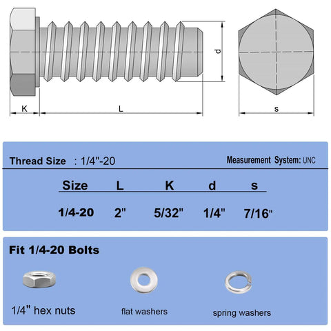 Do It Yourself 1/4-20 Hex Bolts Kit With 15 Two Inch Bolts, 15 Hex Nuts, 15 Flat Washers, And 15 Spring Washers For Quick Repairs And DIY Projects For Home And Workshop Use Or Quick Fixes 1/4-20 UNC 2-inch bolt diagram