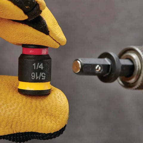 Reversible Hex Chuck Driver 1/4 Inch And 5/16 Inch Two Pack With One Piece Strength Magnetic Easy Clean Tip shown with gloves