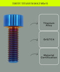 Front view of blue anodized titanium bolt M5x15 with rainbow-colored threaded body for bicycle bottle cage.