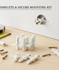 50 Pack M8 Drywall Anchors With Zinc Plated Screws For Hollow Walls Heavy Duty Anchor Kit displayed with tools on wooden surface.