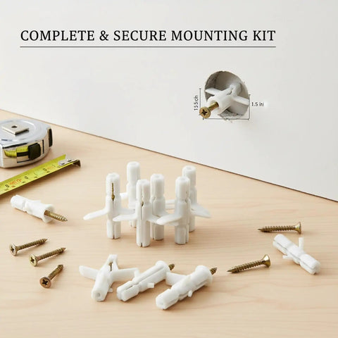 50 Pack M8 Drywall Anchors With Zinc Plated Screws For Hollow Walls Heavy Duty Anchor Kit displayed with tools on wooden surface.