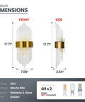 Gold Crystal Wall Sconce With Modern Vibe, Sleek Glass Rods And Stainless Steel Base, front and side view with dimensions