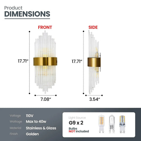 Gold Crystal Wall Sconce With Modern Vibe, Sleek Glass Rods And Stainless Steel Base, front and side view with dimensions