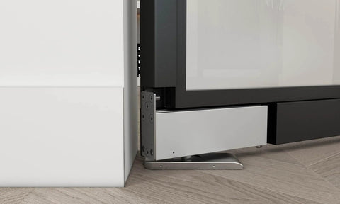Close-up of pivot hinge on 36 In By 84 In Full Lite Opaque Frosted Glass Interior Pivot Door With Black Steel Frame And Pivot Hinge Hardware Kit