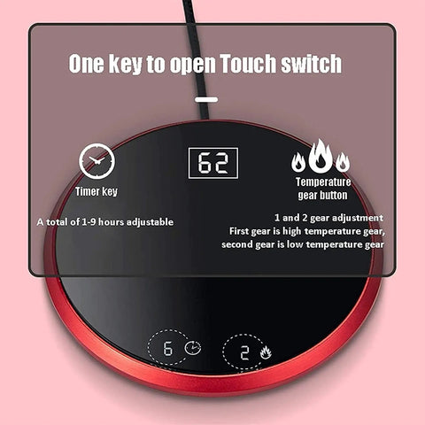Electric Coffee Mug Warmer Heats Your Daily Brew Piping Hot With Precise Auto Timer And Dual Heat Settings Built From Scratch Safe Tempered Glass showing control panel and timer keys.