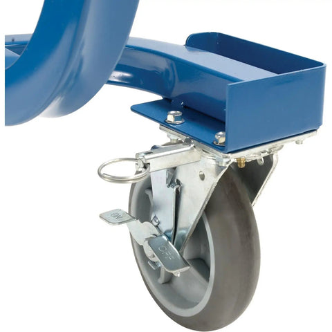 Close-up of the brake wheel of the Hardcore 8 Foot Mobile Industrial Cooling Barrel Fan With Six Aluminum Blades And Variable Speed EC Motor Cranking Out Lightning Fast 65000 CFM Airflow To Kill Summer Heat Plugs Straight Into Any Standard 120V Receptacle.