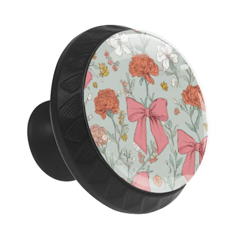 12 Pack Kitchen Cabinet Knobs With Black Base And Crystal Glass Cute Pink Bow Floral Pastel Handles For Doors And Dressers 35mm Size Durable ABS And Glass Pulls For Cupboard Wardrobe - floral design close-up