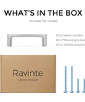 30 Pack Solid 3 Inch Square Cabinet Handles In Brushed Nickel with screws and packaging box displayed, easy install hardware pulls.