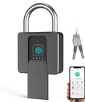 Heavy Duty Fingerprint Padlock With Bluetooth Outdoor Waterproof Smart Lock For Gates Fences Lockers Gyms Cabinets And Warehouses App Enabled 15 Fingerprints Includes 2 Keys shown with phone and keys