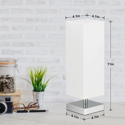 Cozy Minimalist Table Lamp For Bedroom Bedside Nightstand With Square Fabric Shade, Desk Reading Light For Kids Room Living Room Or Office, White Shade And Silver Base, UL Listed, shown on a desk