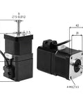 Two 12V 4-lead permanent-magnet brake NEMA17 stepper motors with silver shafts (front and side views).