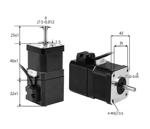 Two 12V 4-lead permanent-magnet brake NEMA17 stepper motors with silver shafts (front and side views).
