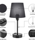 Diagram of set of 2 black bedside lamps for bedrooms with three color modes and USB C and USB A ports plus AC outlet tiny nightstand lamps.