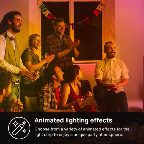 Group enjoying Smart LED Light Strip 16.4 Ft RGBIC With 50 Color Zones in party setting, Wi Fi Compatible and Works With Alexa