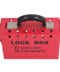 Top view of portable big red stainless steel lockout tagout box for group lockout procedures with 12 locking holes