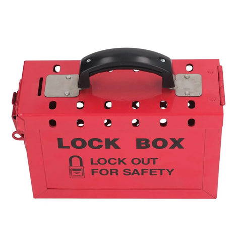 Top view of portable big red stainless steel lockout tagout box for group lockout procedures with 12 locking holes