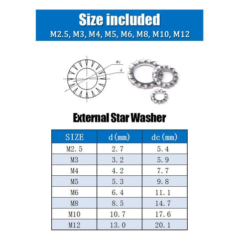 Front view: Hilitchi external tooth star lock washers assortment kit, 304 stainless steel, sizes M2.5–M12