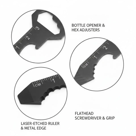 Close-up of Ultra Slim Metal Credit Card Multitool with Bottle Opener, Hex Key, Ruler, Flathead Screwdriver, and Laser-Etched Edge.