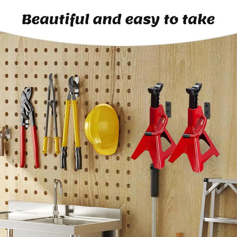 Eight Pack Jack Stand Wall Mount Organizer for hanging heavy duty garage hooks displayed in a workshop setting with tools.
