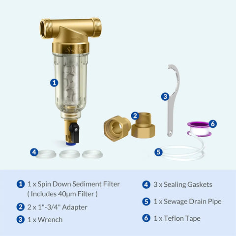 Whole House Spin Down Sediment Filter, No Hassle Reusable Pre Filter With Siliphos, Easy Install, 1 Inch MNPT, BPA Free