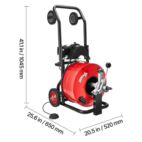 Reliable Heavy Duty Electric Sewer Snake Auger 100 Feet 3 4 Inch Cable with motor and foot switch on cart.