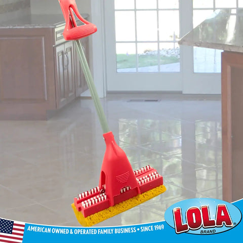 Pro Grade Scrubber Roller Mop Head Refill With Dual Bristle Cores And Dense Foam in kitchen, ideal for tile and hardwood cleaning.
