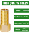 Brass 1/2in pipe adapter, female-to-male, hex nut, front view