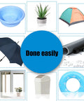 Collage of items including a bowl, plant, tent, umbrella, pipes, window, trash can, and swim ring, with 'Done easily' text in center