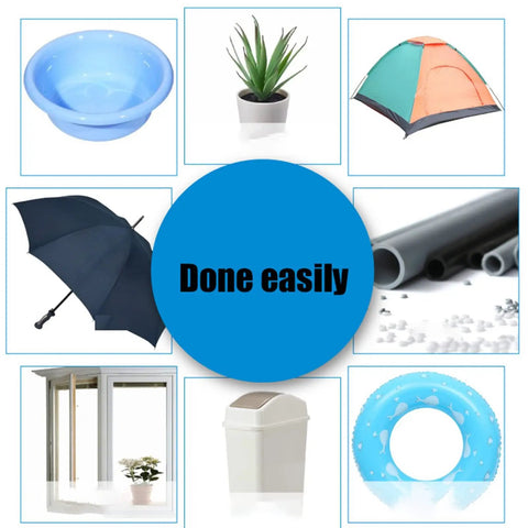 Collage of items including a bowl, plant, tent, umbrella, pipes, window, trash can, and swim ring, with 'Done easily' text in center