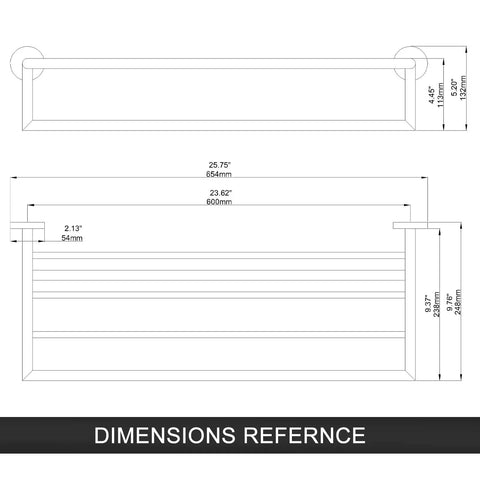 Dimensions schematic of Chrome Wall Mounted Towel Rack For Bathroom Modern Hotel Style Towel Bar Shelf Single Towel Holder 26 Inch