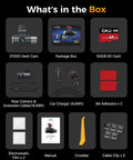 Image showing contents of Ultra Clear 4K Triple Channel Dash Cam package including dash cam, manual, cables, and 64GB SD card.