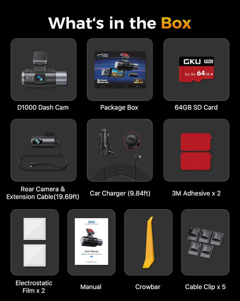 Image showing contents of Ultra Clear 4K Triple Channel Dash Cam package including dash cam, manual, cables, and 64GB SD card.