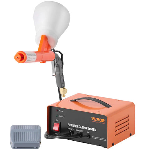 Vevor 50Kv Electrostatic Powder Coating Kit With Foot Switch And Spray Gun For Home Diy Projects Heavy Duty Equipment on a workbench.