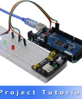 Close-up of Mega 2560 board with connected breadboard, LEDs, and wires from Ultimate STEM Electronics Starter Kit.