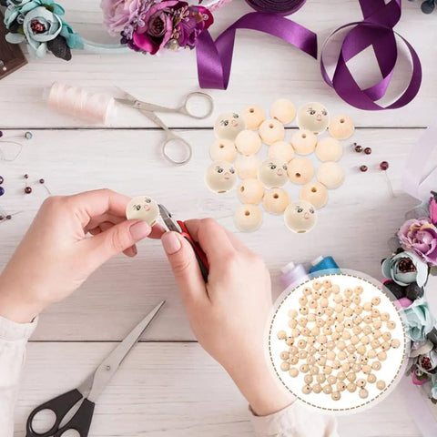 Round Wooden Smile Face Beads Set, 50 Pieces Doll Head Wood Beads, Loose Beads, Round Spacer with Hole for DIY Jewelry Making