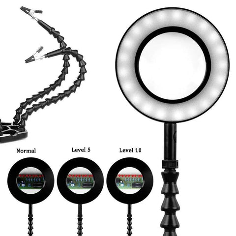 Five Flexible Soldering Helping Hands With 3X Magnifying Glasses, featuring LED light levels, Third Arm Tool for crafts and hobby work.