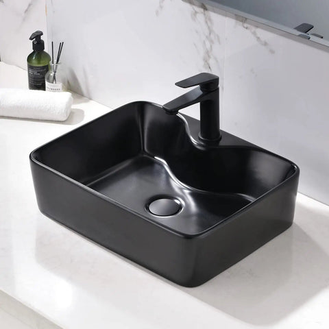 Matte Black 16 By 12 Inch Vessel Sink And Faucet Combo For Above Counter Vanity With Modern Square Rectangle Basin Porcelain Ceramic Durable Construction Includes Pop Up Drain