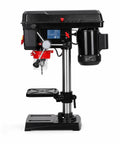 Garvee 8 Inch Benchtop Drill Press With 2.5 Amp Induction Motor, side view showing adjustable speed controls and drill bit.