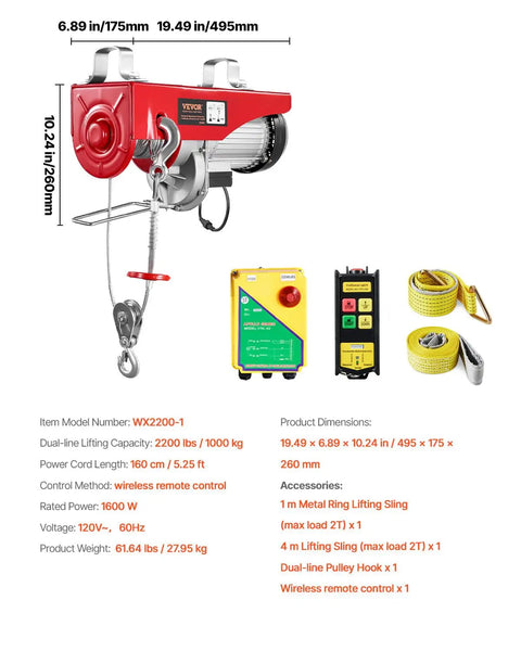 2200lbs Electric Hoist with 328ft Wireless Remote Control 110V Lifting Crane for garage and factory use, shown with red hoist and accessories